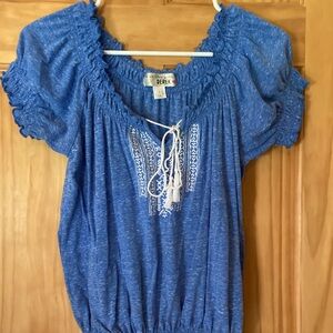 Derek Heart Peasant Top Blue Short Sleeve Banded Waist and Sleeve, size L